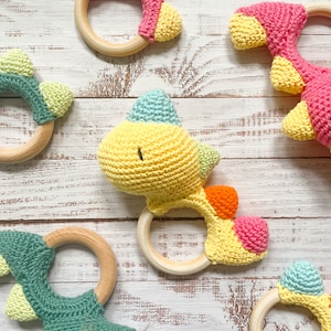 New Baby Gift Set Dinosaur Rattle Teether Welcome Home Sensory Toy Handmade Crochet High Quality image 1