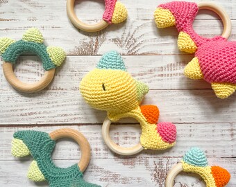 New Baby Gift Set - Dinosaur Rattle + Teether - Welcome Home - Sensory Toy - Handmade - Crochet - High Quality