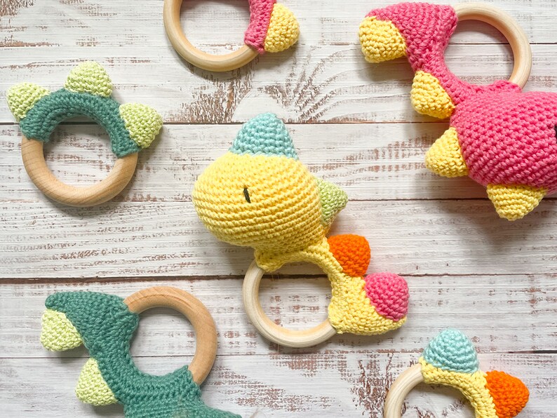 Dinosaur Rattle Teether Sensory Toy Handmade Wooden Ring Newborn Baby Gift Set Teething Toy Crochet High Quality image 1