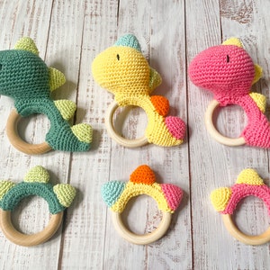 Dinosaur Rattle Teether Sensory Toy Handmade Wooden Ring Newborn Baby Gift Set Teething Toy Crochet High Quality image 2