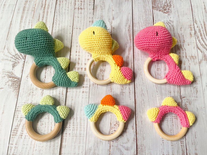 Dinosaur Rattle Teether Sensory Toy Handmade Wooden Ring Newborn Baby Gift Set Teething Toy Crochet High Quality image 2