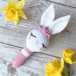 Personalised Bunny Rattle Sensory Toy Handmade Baby Gift High Quality image 2