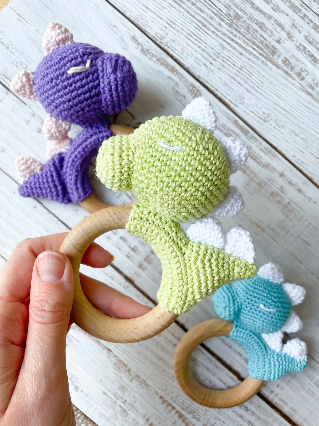 Dinosaur Rattle Sensory Toy Handmade Wood & Cotton Newborn Baby Gift ...