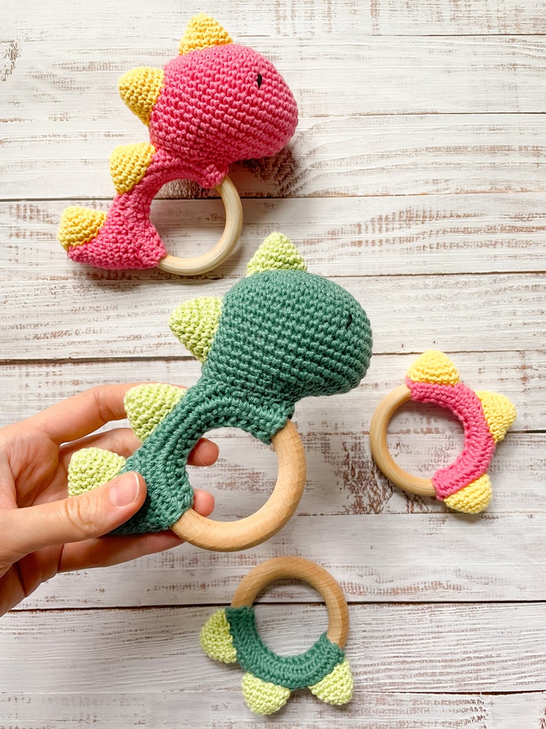 Dinosaur Rattle Teether Sensory Toy Handmade Wooden Ring Newborn Baby Gift Set Teething Toy Crochet High Quality image 3