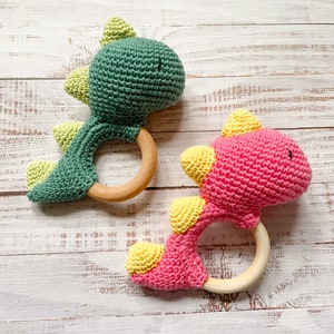 New Baby Gift Set Dinosaur Rattle Teether Welcome Home Sensory Toy Handmade Crochet High Quality image 7