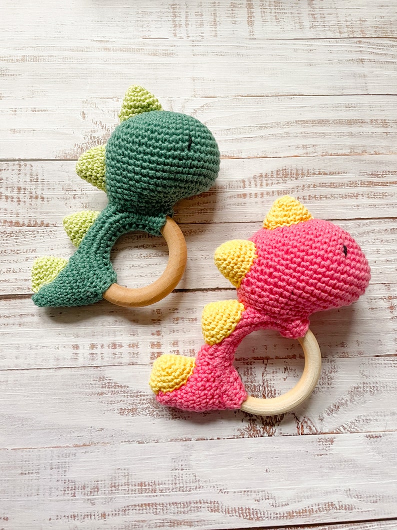 Dinosaur Rattle Teether Sensory Toy Handmade Wooden Ring Newborn Baby Gift Set Teething Toy Crochet High Quality image 7