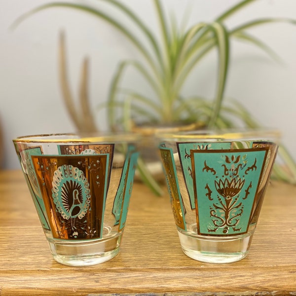 Vintage Set of Two Turquoise and Gold Dominion Glass Tumblers Peacock Design