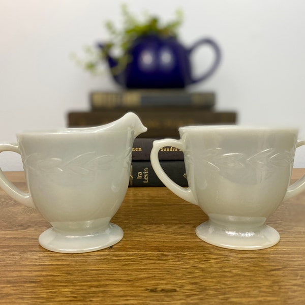 Vintage Fire King Creamer and Sugar Bowl Set -  Light Gray Lustre Laurel Leaf