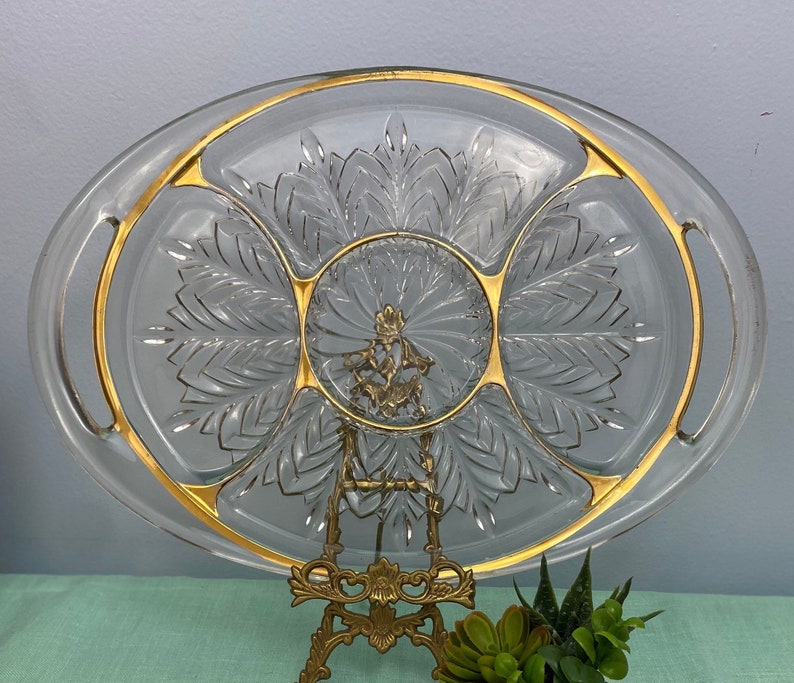 Vintage Glass Relish Dish Serving Tray/platter, Feather Leaf