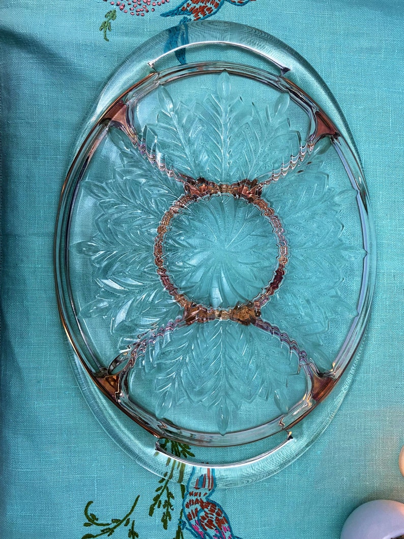Vintage Glass Relish Dish Serving Tray/platter, Feather Leaf