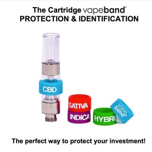 May include: A set of colorful silicone bands with the words "vapeband", "CBD", "Sativa", "Indica", and "Hybrid" printed on them. The bands are designed to fit around vape cartridges to protect and identify them.