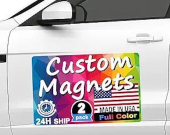 May include: A rectangular magnet with the text "Custom Magnets" in white, set against a colorful, abstract background. The magnet also features the American flag, the words "Made in USA," and the text "24H SHIP." The magnet is attached to a white car door.
