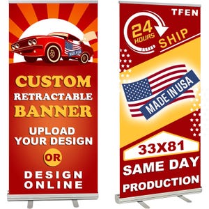 Custom Roll Up Retractable Banner, 33&quot; x 81&quot;  Pop Up Banner Stand, Adjustable Banners, Full Color Custom Vinyl Retractable Banners
