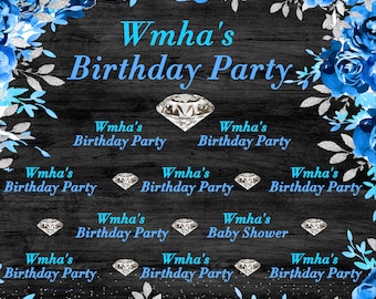 May include: A black background with blue floral and silver leaf accents. The text "Wmha's Birthday Party" is displayed in blue, along with diamond graphics. The overall theme is a birthday party.
