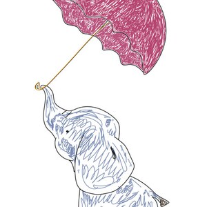Dibujo digital imprimible de elefante y paraguas rosa