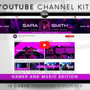 Youtube Channel Kit Gaming | Youtube Banner, Intro, Outro, Video Overlay, Thumbnails | Youtube Branding Kit Editable Canva Templates