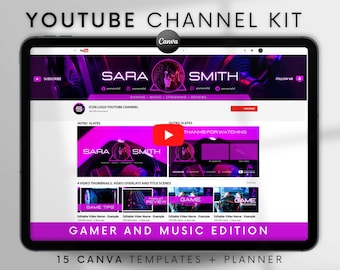 Youtube Channel Kit Gaming | Youtube Banner, Intro, Outro, Video Overlay, Thumbnails | Youtube Branding Kit Editable Canva Templates