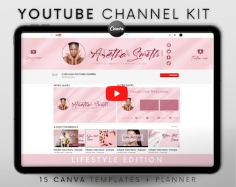 Youtube Channel Kit | Youtube Banner, Intro, Outro, Video Overlay, Thumbnails | Professional Youtube Branding Kit Editable Canva Templates