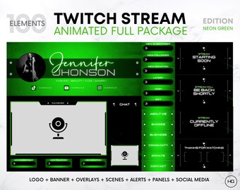 Paquete de superposición de Twitch Edición verde / Superposiciones de transición de Twitch animadas, paneles, escenas, alertas, banner / Superposición de Twitch linda animada