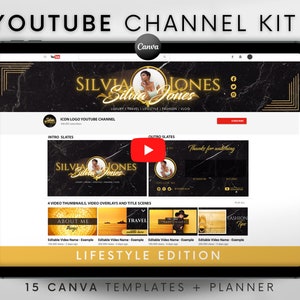 Youtube Channel Kit Black and Gold | Youtube Banner, Intro, Outro, Video Overlay, Thumbnails | Youtube Branding Kit Editable Canva Templates