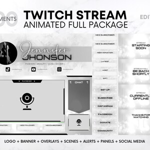 Twitch Overlay Package White Edition | Twitch Transition Overlays Animated, Panels, Scenes, Alerts, Banner | Cute Twitch Overlay Animated