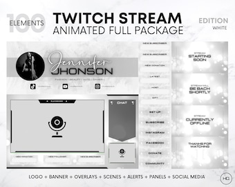 Twitch Overlay Package White Edition | Twitch Transition Overlays Animated, Panels, Scenes, Alerts, Banner | Cute Twitch Overlay Animated