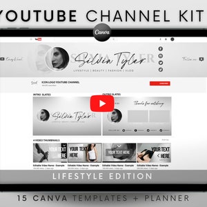 Youtube Channel Kit Gray | Youtube Banner, Intro, Outro, Video Overlay, Thumbnails | Youtube Branding Kit Editable Canva Templates