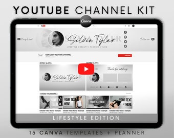 Youtube Channel Kit Gray | Youtube Banner, Intro, Outro, Video Overlay, Thumbnails | Youtube Branding Kit Editable Canva Templates