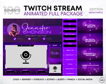 Paquete de superposición de Twitch Purple Edition / Superposiciones de transición de Twitch animadas, paneles, escenas, alertas, banner / Superposición de Twitch linda animada