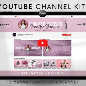 Youtube Channel Kit Pink | Youtube Banner, Intro, Outro, Video Overlay, Thumbnails |  Youtube Branding Kit Editable Canva Templates