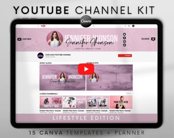 Kit canale Youtube rosa / Banner Youtube, introduzione, outro, sovrapposizione video, miniature / Kit di branding Youtube Modelli Canva modificabili