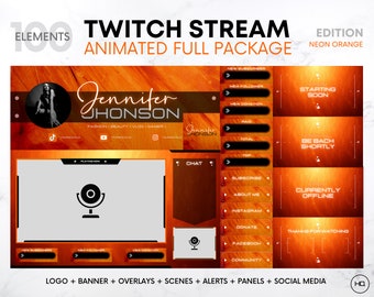 Paquete de superposición de Twitch Edición naranja / Superposiciones de transición de Twitch animadas, paneles, escenas, alertas, banner / Superposición de Twitch linda animada