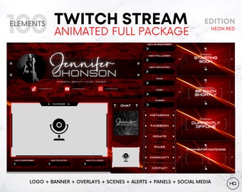 Paquete de superposición de Twitch Edición roja / Superposiciones de transición de Twitch animadas, paneles, escenas, alertas, banner / Superposición de Twitch linda animada