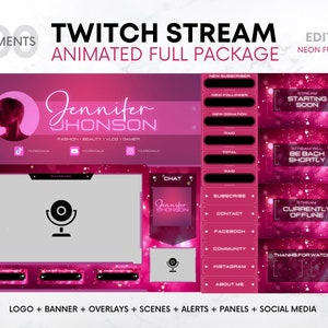 Twitch Overlay Package Fuchsia Edition | Twitch Transition Overlays Animated, Panels, Scenes, Alerts, Banner | Cute Twitch Overlay Animated