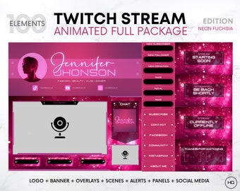 Paquete de superposición de Twitch Edición fucsia / Superposiciones de transición de Twitch animadas, paneles, escenas, alertas, banner / Superposición de Twitch linda animada