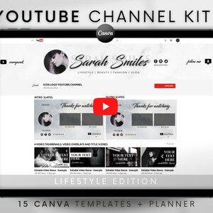 Youtube Channel Kit Black & White | Youtube Banner, Intro, Outro, Video Overlay, Thumbnails |  Youtube Branding Kit Editable Canva Templates