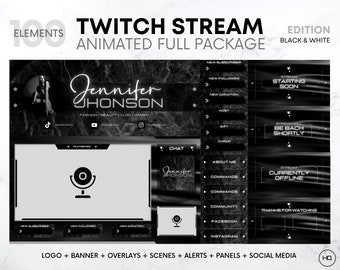 Paquete de superposición de Twitch Edición negra / Superposiciones de transición de Twitch animadas, paneles, escenas, alertas, banner / Superposición de Twitch linda animada