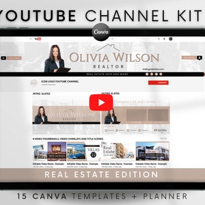 Youtube Channel Kit Real Estate | Youtube Banner, Intro, Outro, Video Overlay, Thumbnails | Youtube Branding Kit Editable Canva Templates