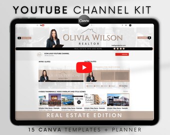 Youtube Channel Kit Real Estate | Youtube Banner, Intro, Outro, Video Overlay, Thumbnails | Youtube Branding Kit Editable Canva Templates