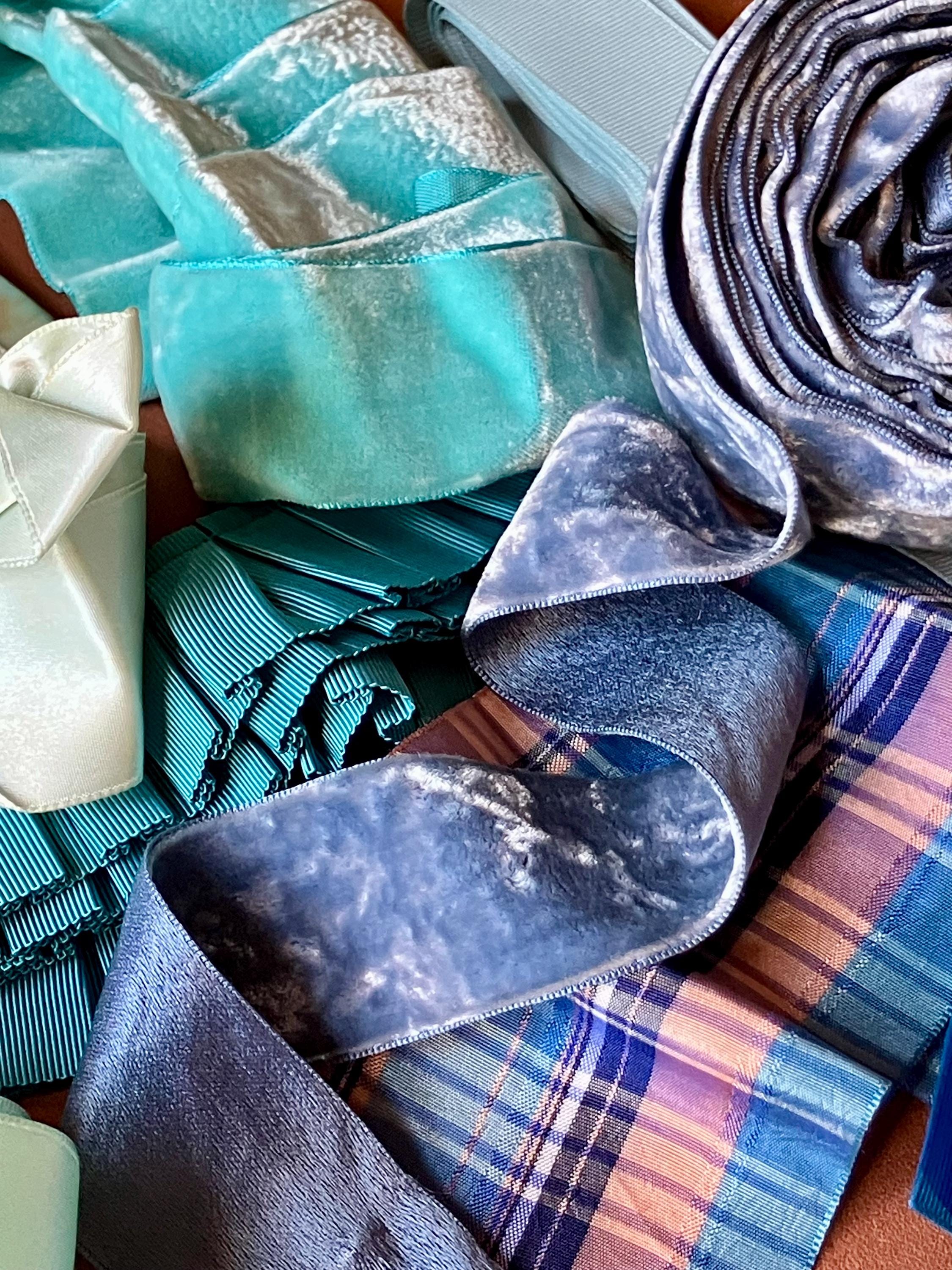 BLUE RIBBON MIXTURE. Destash bag of random ribbon. Miscellaneous widths and lengths, textures and colors.