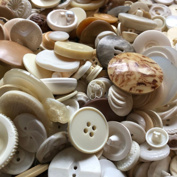 LOT of 50 WHITE-ISH Buttons. selection of White, Off White, Cream Buttons Randomly selected from those pictured. Various Shapes and Sizes.