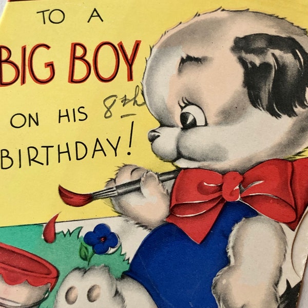 To a BIG BOY on His 8th BIRTHDAY. Used Rust Craft Vintage Card features a Puppy painting a Birthday Greeting in Red Paint.