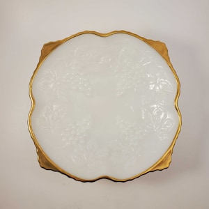 Vintage Fire-King Milk Glass Grape Motif Footed Bowl with Gold Rim