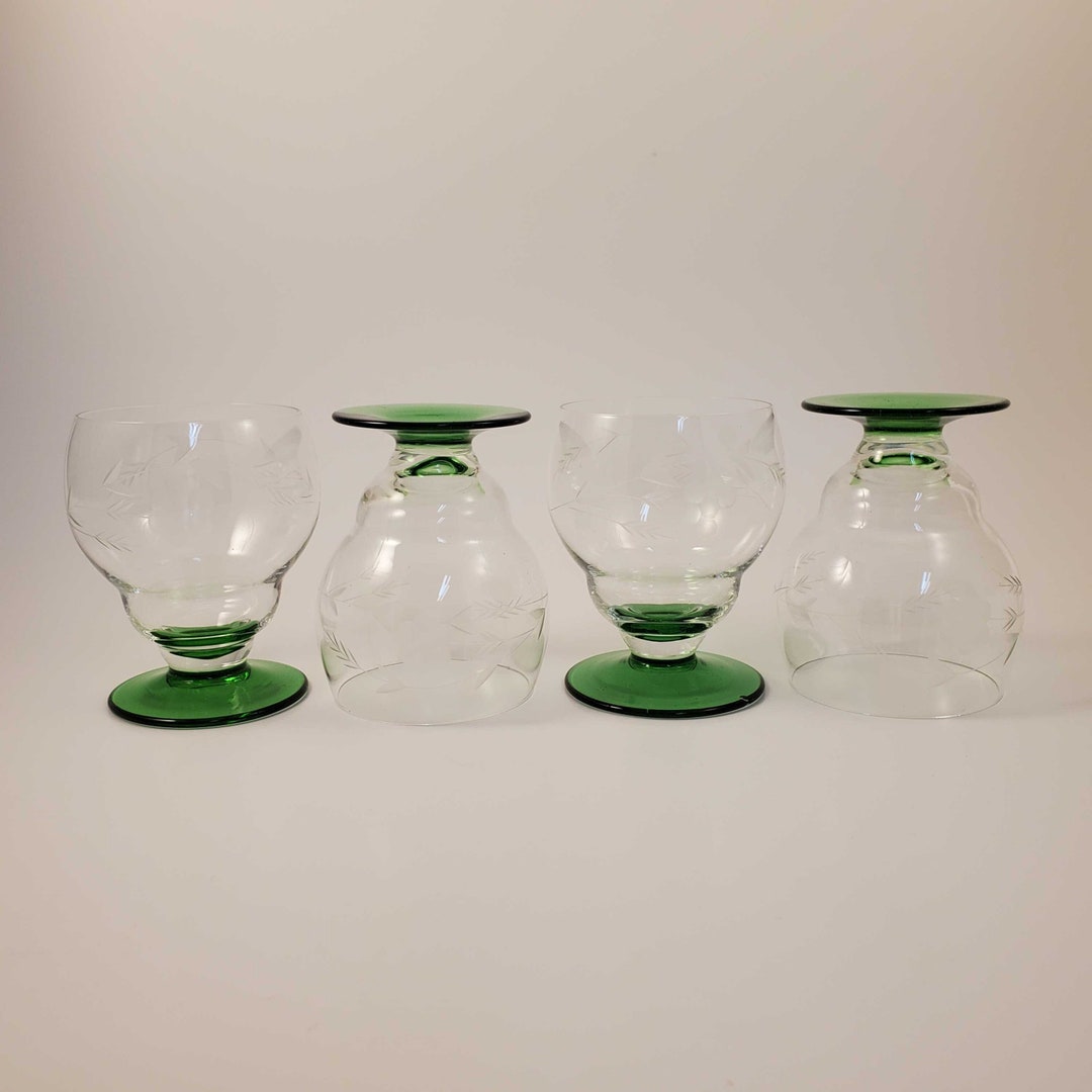 Vintage Cocktail Glass Set W Floral Etchings and Green Stems by Weston