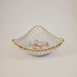 Triangular Open Weave Rope Vintage Porcelain Trinket Dish with Rose Print