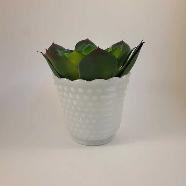 Vintage Milk Glass Planter With Hobnail Pattern and Scalloped Edge by Fire King