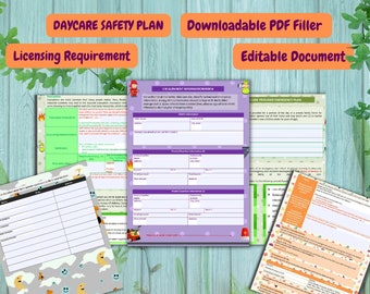 Può includere: Un modello di piano di sicurezza per l'asilo nido stampabile con sezioni per i requisiti di licenza, le informazioni sui bambini e i piani di emergenza. Il documento è scaricabile e modificabile, il che lo rende facile da personalizzare in base alle tue esigenze.