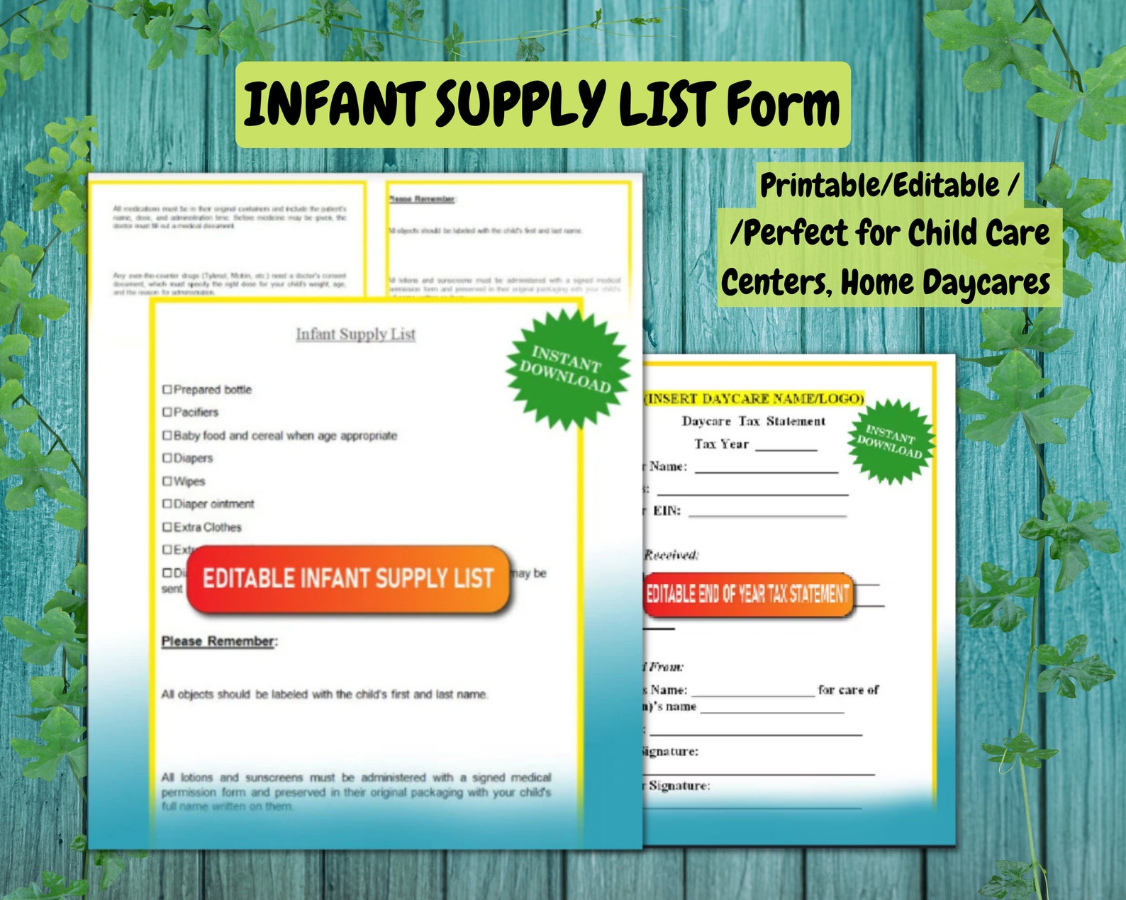 Editable Infant Supply List Form: Daycare Printable (digital Download ...