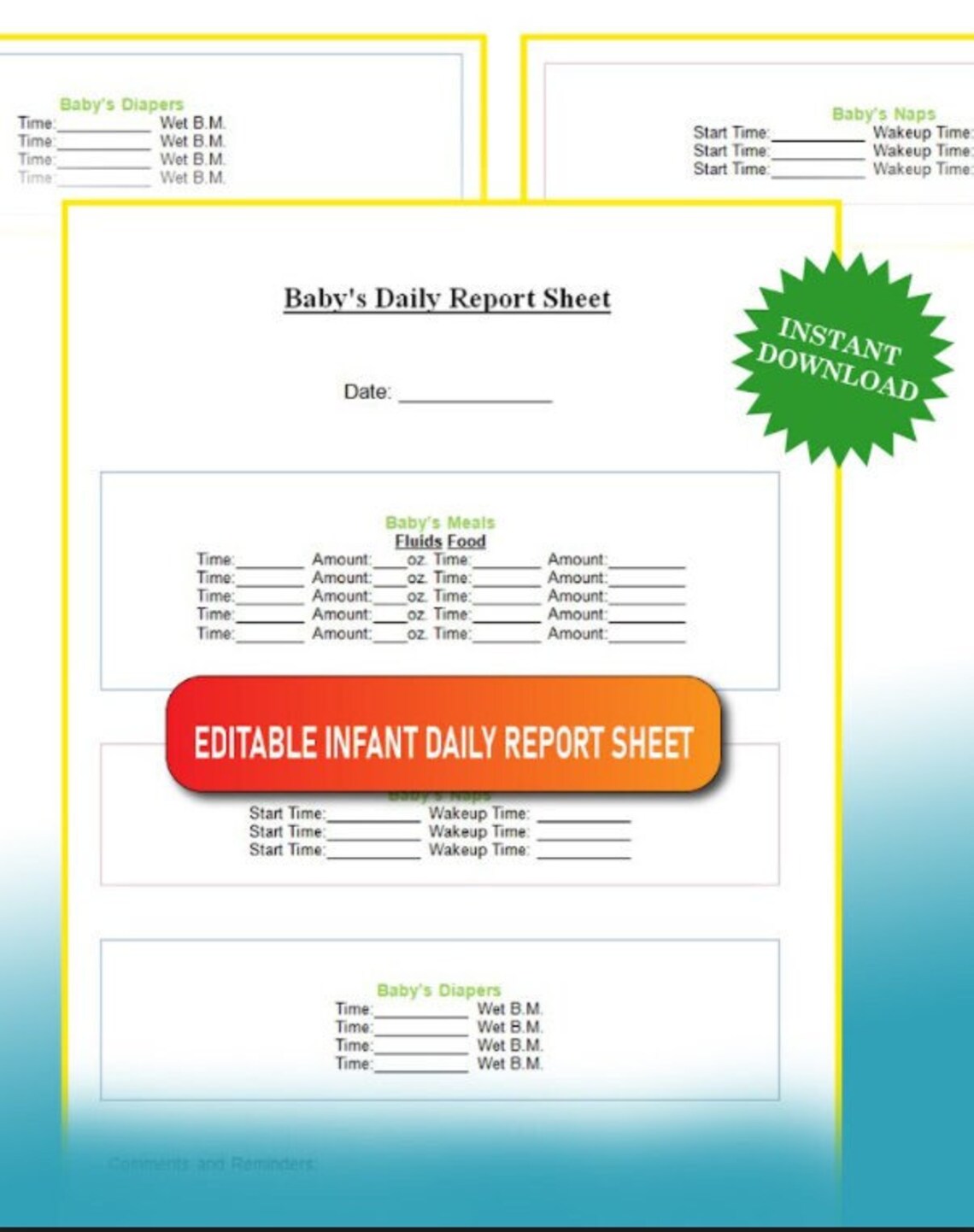 INFANT DAILY REPORT Form / Editable/ Perfect for Daycare Providers of