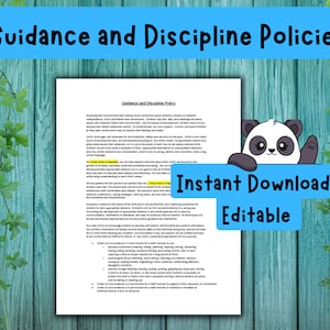 May include: A document titled "Guidance and Discipline Policies" with text on a white background. The document is on a teal wooden surface, with a blue banner that says "Instant Download Editable". A cartoon panda is on the right side.